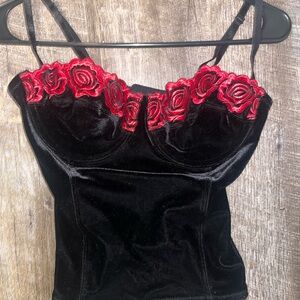 Secret Treasures Black Velvet Corset with Red Rose Trim